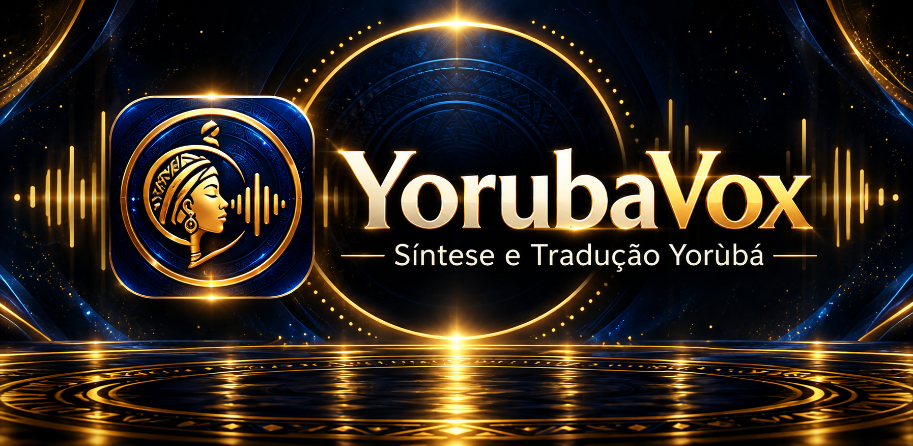Marca YorubaVox — Síntese e Tradução Yorùbá, em uma composição azul e dourada