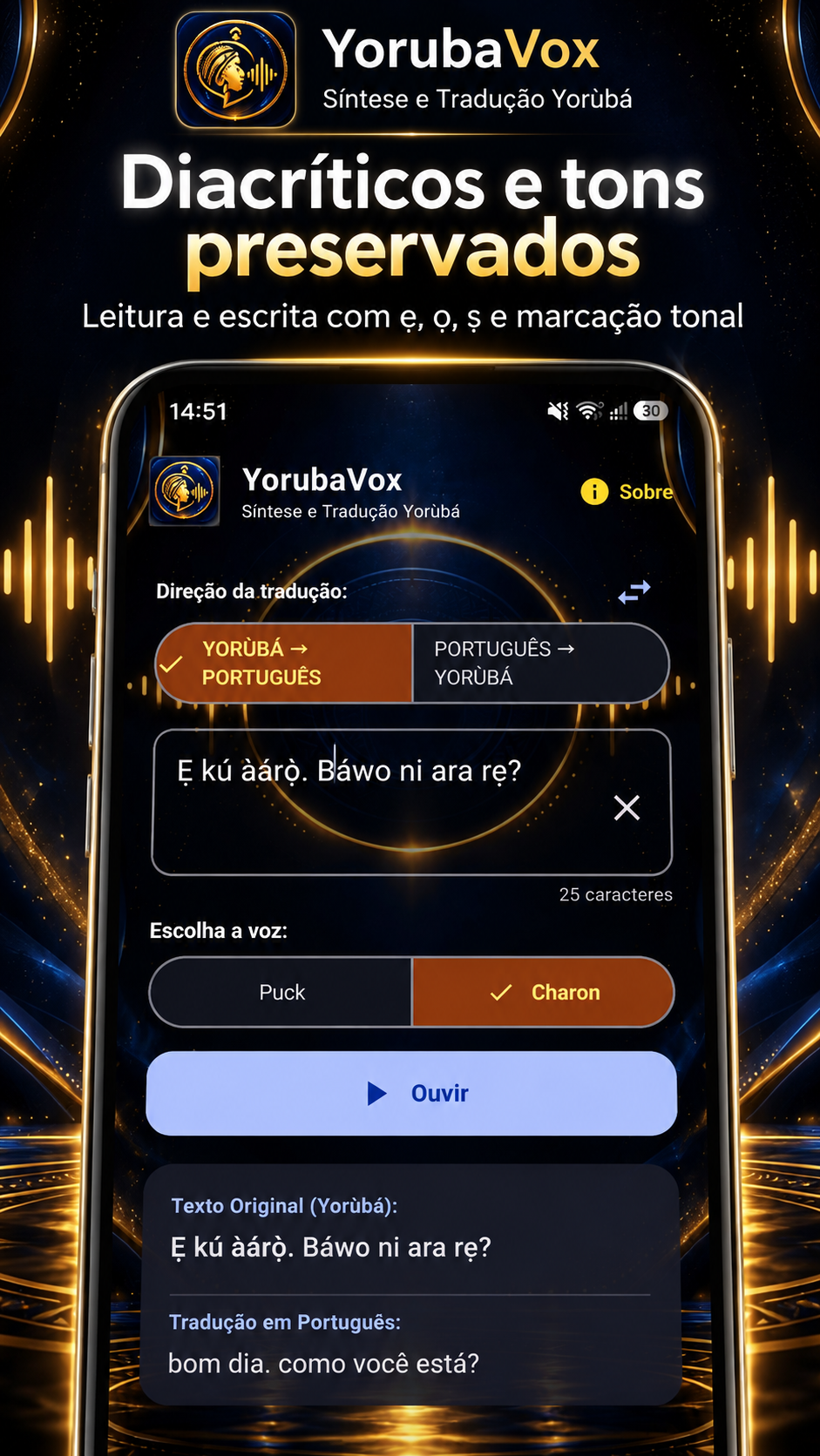 Tela do YorubaVox demonstrando caracteres Yorùbá e marcações tonais