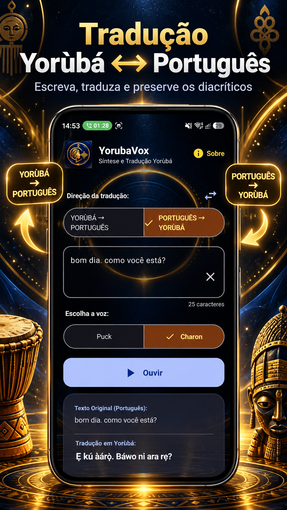 Tela do YorubaVox com tradução entre Yorùbá e Português nos dois sentidos